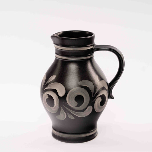 Schwarzer Apfelwein Bembel – weiß verziert im klassischen Stil